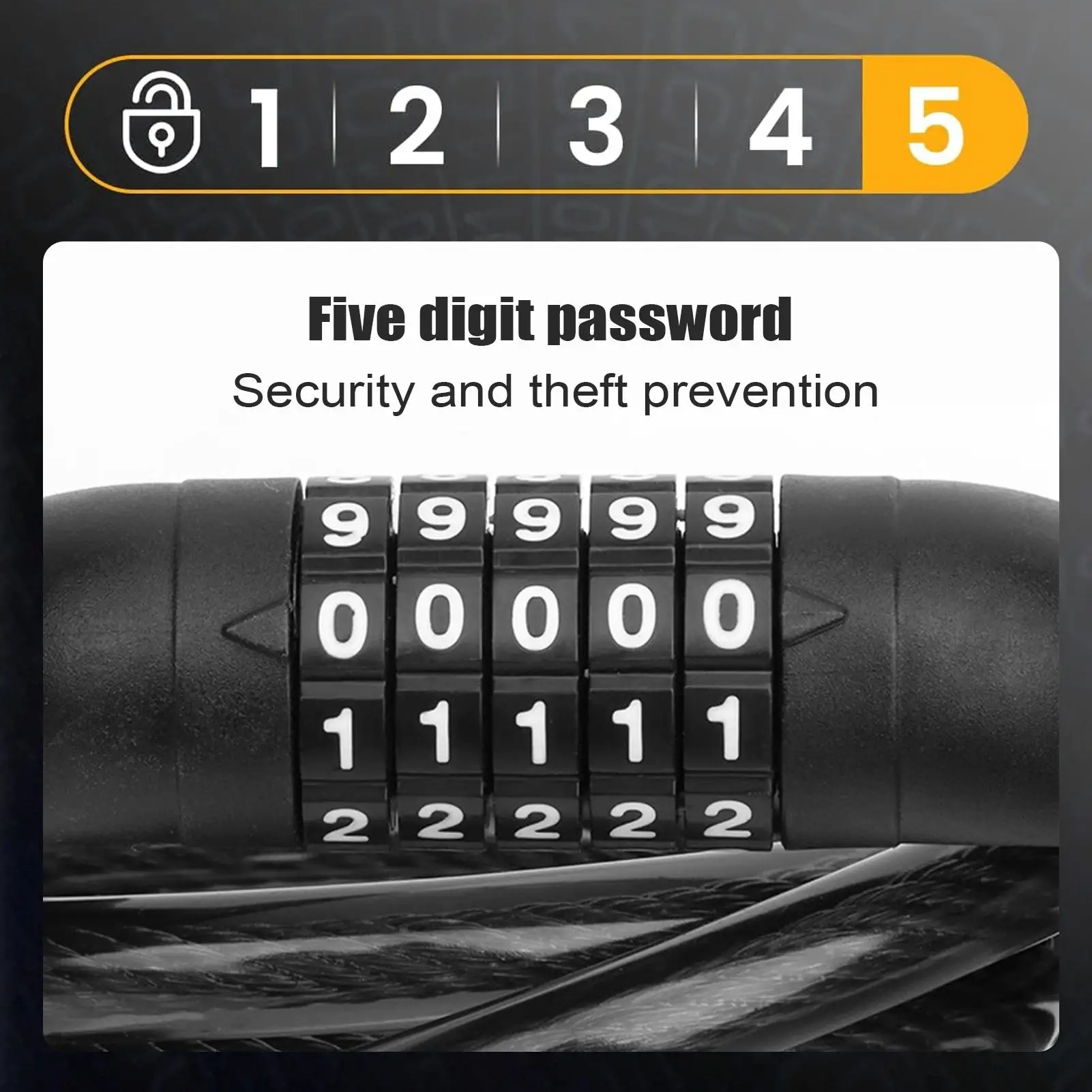 

Велосипедный замок, защитный замок 3,6 фута, компактное оборудование безопасности, 5-значная блокировка для кемпинга, парковки на открытом воздухе, езды на горном велосипеде