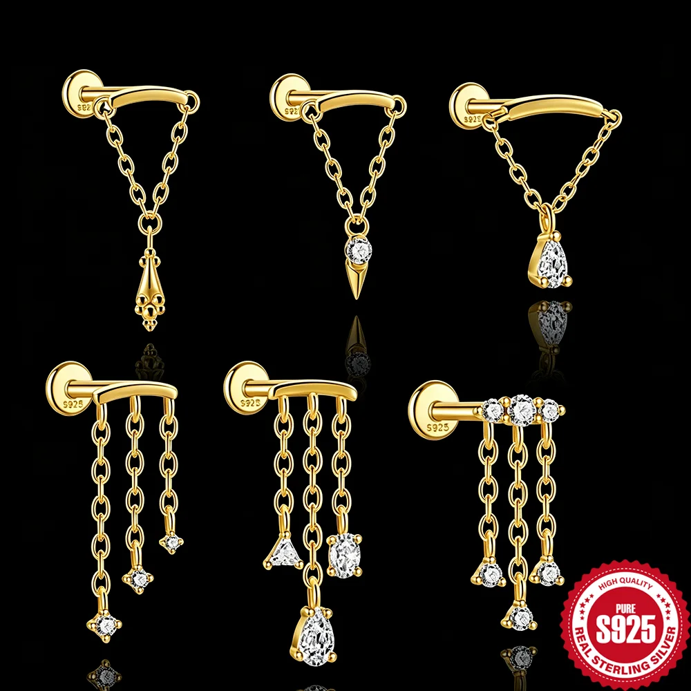 AIDE 925 Sterling Silver Smooth Triangle Pendant Women's Cartilage Spiral Piercing Tassel Earrings Flat Back Worn While Sleeping