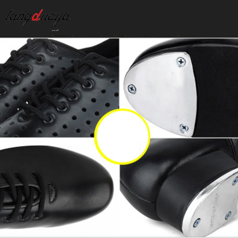 Sapatos de dança de torneira de couro adulto das mulheres dos homens sapatos de chute esportes fundo macio de couro placa de alumínio de alto impacto sapato preto