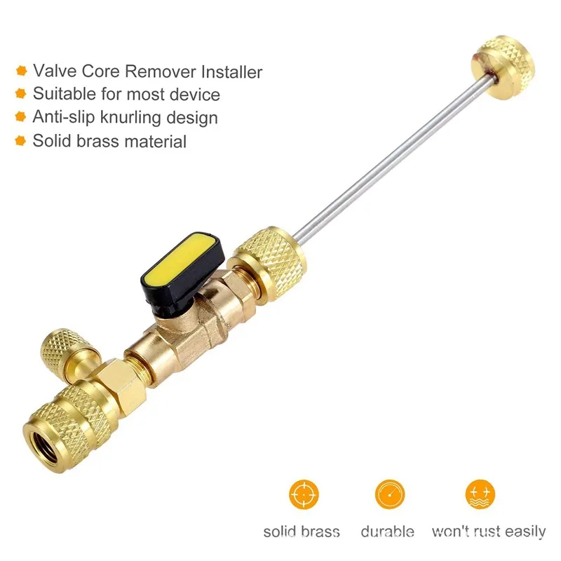 

R410A R22 Spool remover installation tool with dual size SAE 1/4 and 5/16 ports for HVAC