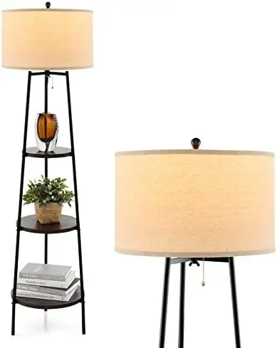 

Floor Lamp with Shelves, Standing Floor Lamp with 3 Tier Shelves, White Linen Shade & Sturdy Metal Frame, Corner Display Boo Led