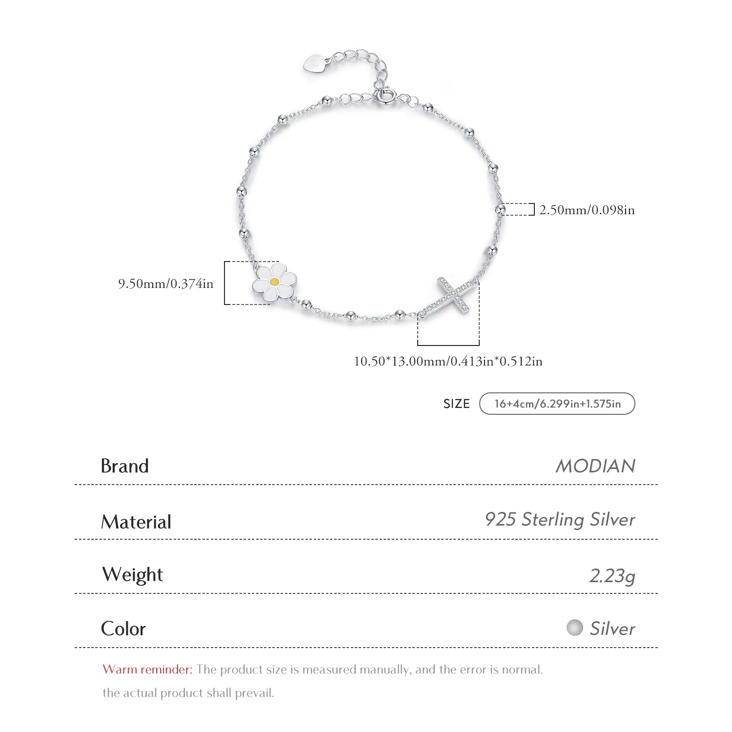 MODIAN Enamel Daisy Bracelet 925 Sterling Silver Charm Cross & Flower CZ Beads Delicate Bracelets For Women Fine Jewelry