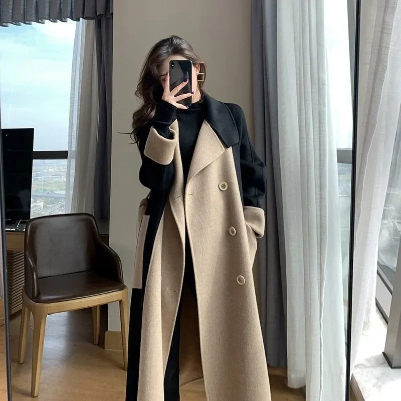 

female Long style 2024 Winter New Sense of advanced temperament Look slimmer Color contrast Woolen coat
