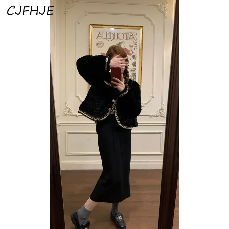 CJFHJE New Women's Winter Plush Thick Round Neck Woven Coat Korean Fashion Loose Fragrant Lamb Fur Women Leisure Coat Jackets