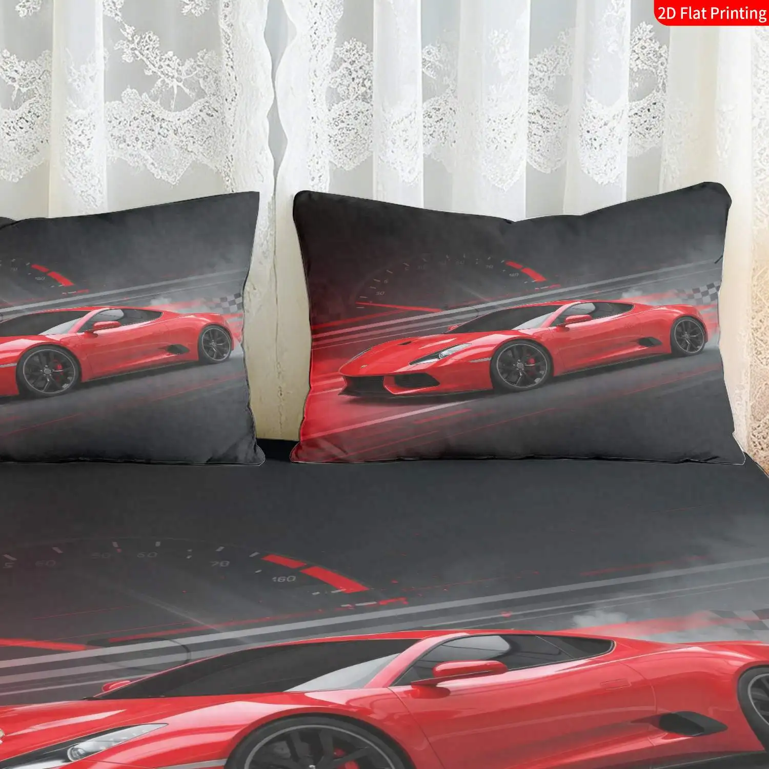Christmas 2D Digital Print Three-Piece Bedding Set (includes 1 fitted sheet + 2 pillowcases) Mattress Protector, Fitted Sheet Style with Elastic Band, Protective Cover, Mattress Protector, Fitted Sheet Style Bedding, Christmas-Themed Bedding, Modern Sports Car Style Dynamic Racing