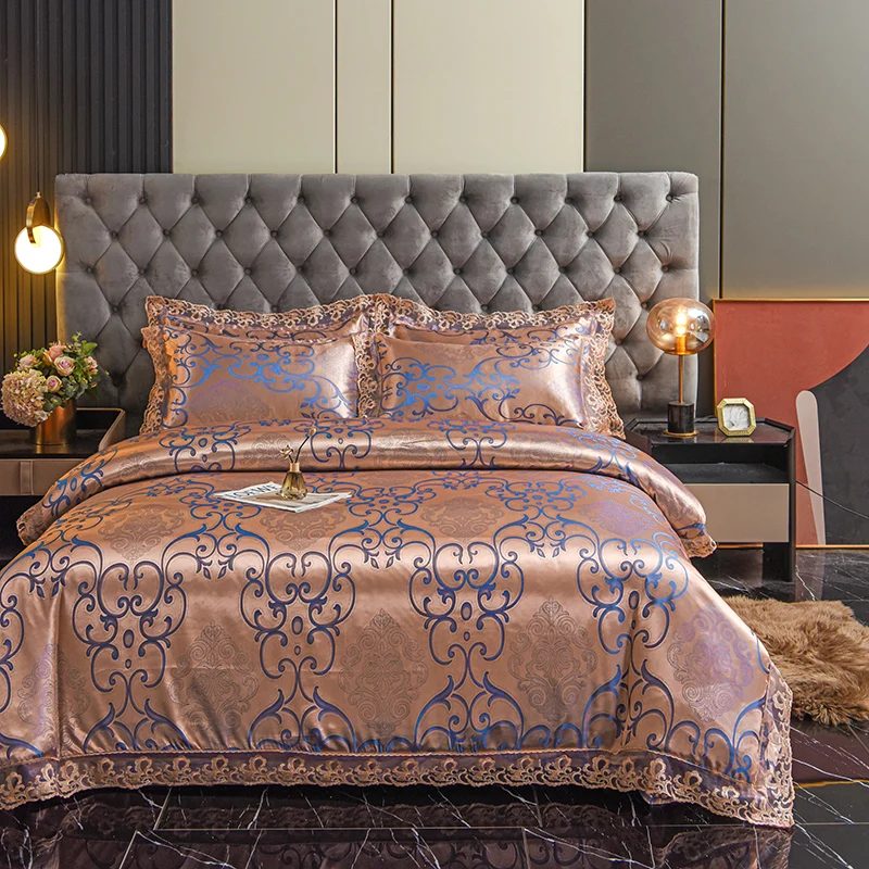 Luxury Jacquard Satin Bedding Set Baroque Style with Lace Trim Duvet Cover Set King Queen Size for Home Decor 2 Pillowcases