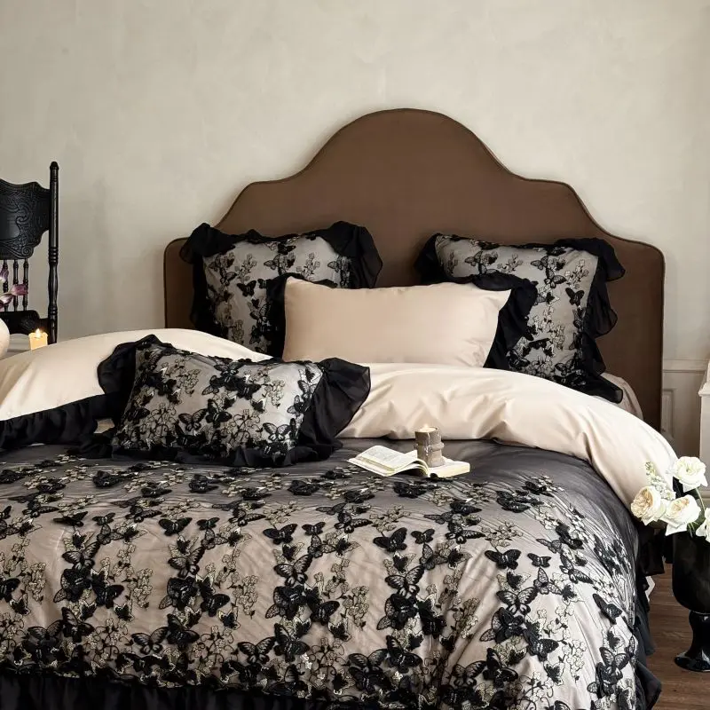 

100% хлопок, французский романтический эстетический пододеяльник, ультра-реалистичный комплект постельного белья с вышивкой и кружевом-бабочкой