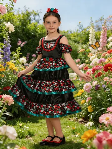 Halloween Girls Day of The Dead Costume Dress Set With Bow Headband