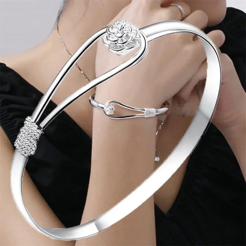 

Hot New 925 Sterling Silver Bracelets For Women Fine Elegant Flower Bangle Adjustable Jewelry Fashion Party Gifts Girl Student