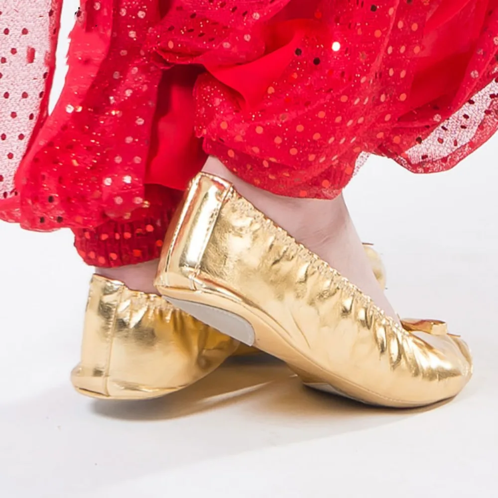 

Stylish Bowknot Belly Dancing Shoes Leather Golden Indian Dance Shoes Breathable Round Toe Foldable Ballet Flats Ladies