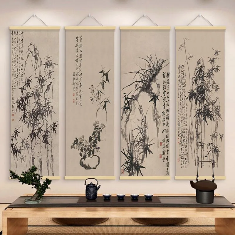 Ink Bamboo Scroll Hanging Painting Ancient Chinese Style Living Room Decoration Painting Long Strip Imitating Painting ZE82
