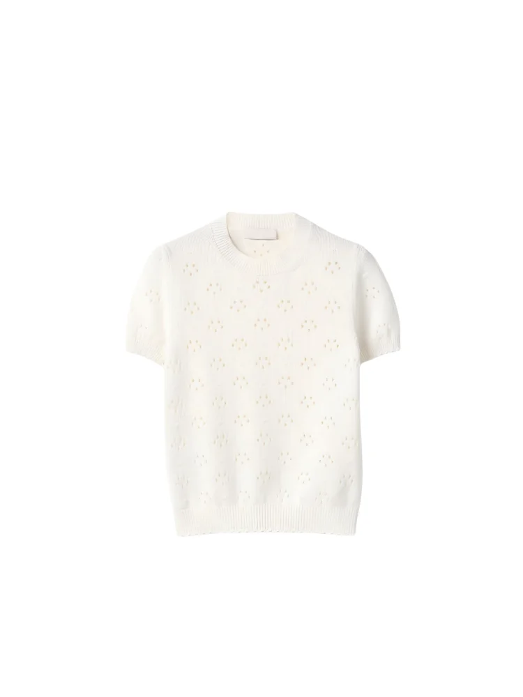 

Royalty High-End Spring Summer New Letter Embroidery Cotton Knitted Short Sleeve Hollow out round Neck Women's T-Shirt