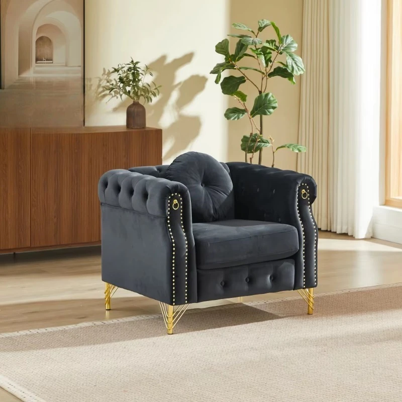 Modern minimalist velvet tufted single sofa chair with armrests metal legs