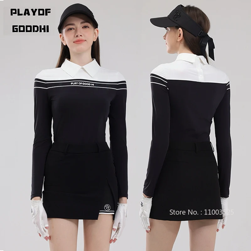 

PL Women Autumn Golf Apparel Contrast Color Long-sleeved Polo Shirt Slim Lapel Leisure Top Lady Slim Pencil Skirts with Short