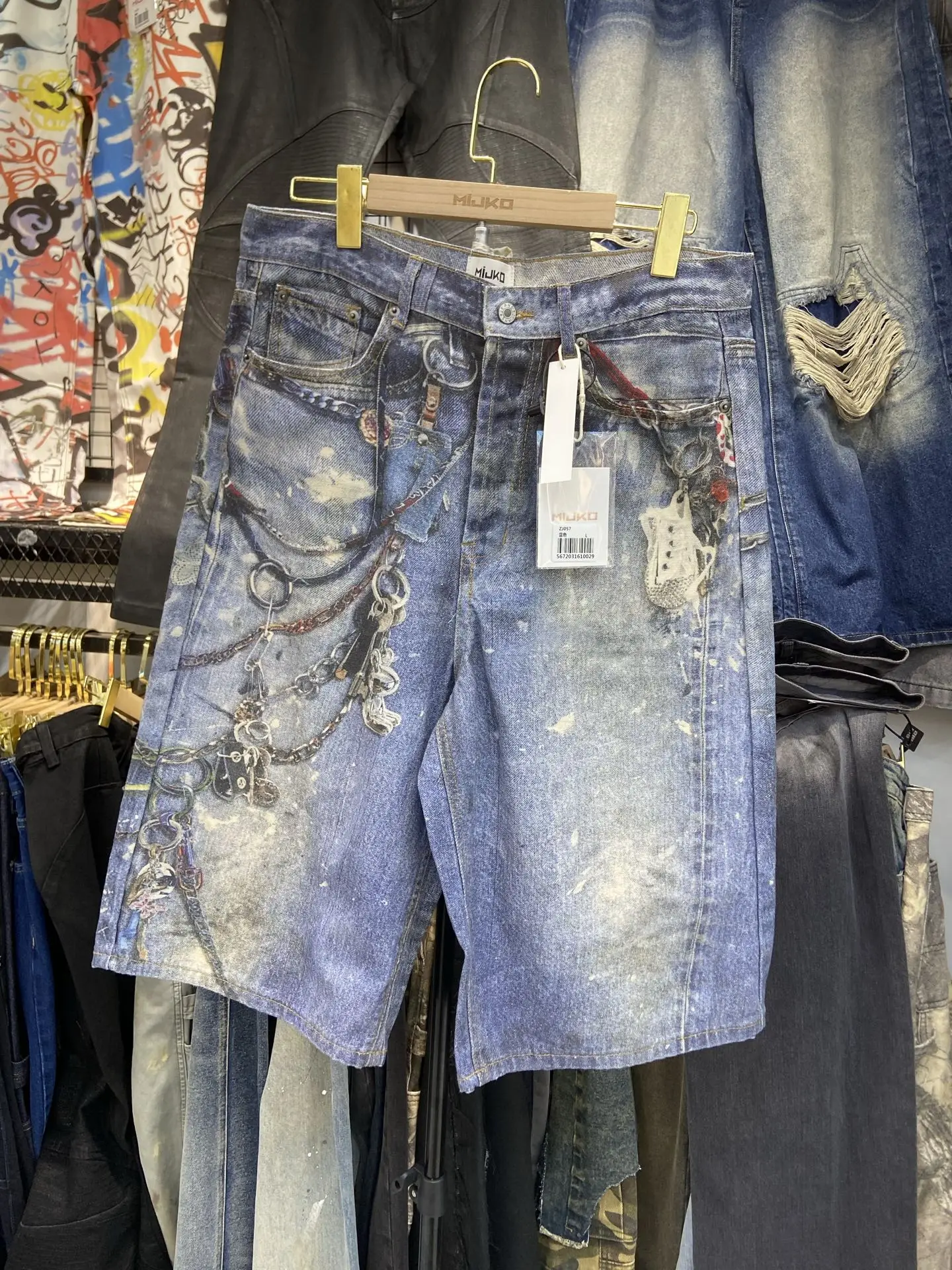 

Mijko American Retro High Street 3D Print Chain Men's Jeans mid Waist Straight Leg Fit Casual Wear All Season Denim Pants