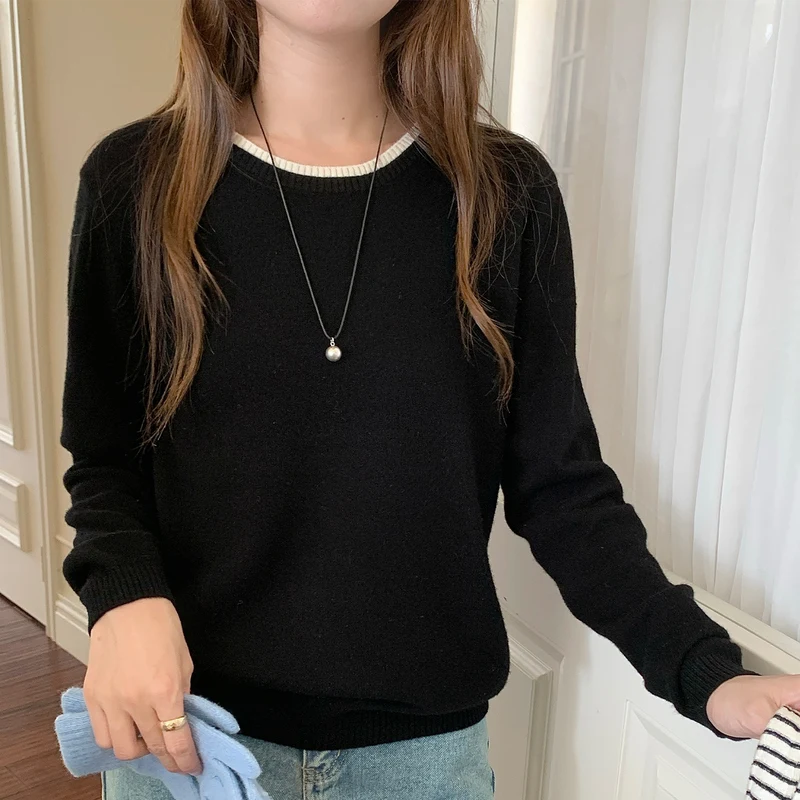 Autumn Winter New Arrival Women's Merino Wool Pullover Sweater O-Neck Contrast Rib Trim Solid Soft Mellow Long Sleeve Knit Top