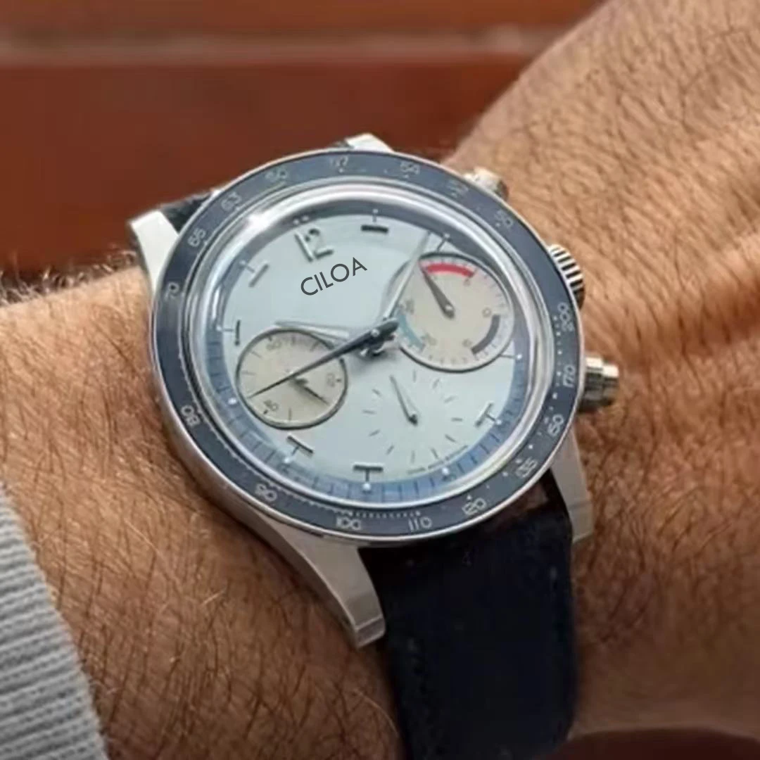 CILOA-Men Vintage Silver Watch Chronograph Ice Blue Dial Stainless Steel Jubilee Strap Racing Sports Quartz Wrist Watch-521