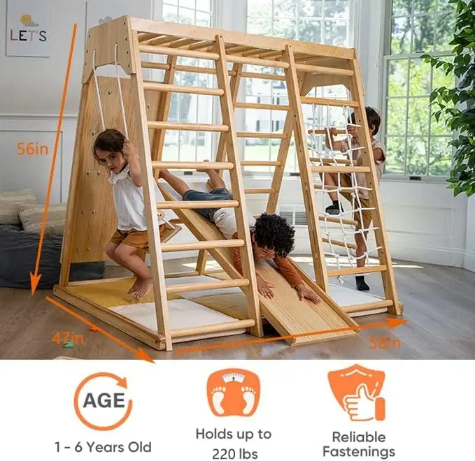 ملعب داخلي 6 في 1 لعبة Jungle Gym Montessori Waldorf Style Wooden Climber Playset Slide، جدار تسلق الصخور،