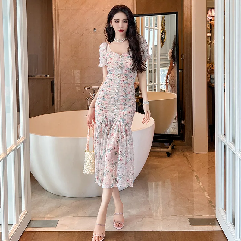 

Coigarsam Women's Summer Dress New Office Lady Solid Floral Print Puff Sleeve Zipper Square Collar High Waist Dresses