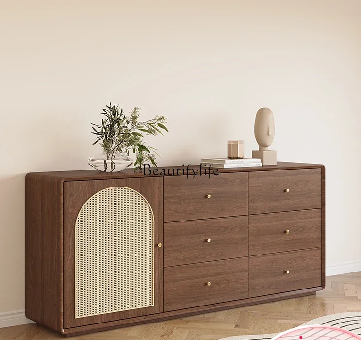 

FG11Rattan Bucket Cabinet Walnut Color Storage Hallway Simple Silent Style Storage Tea Cabinet