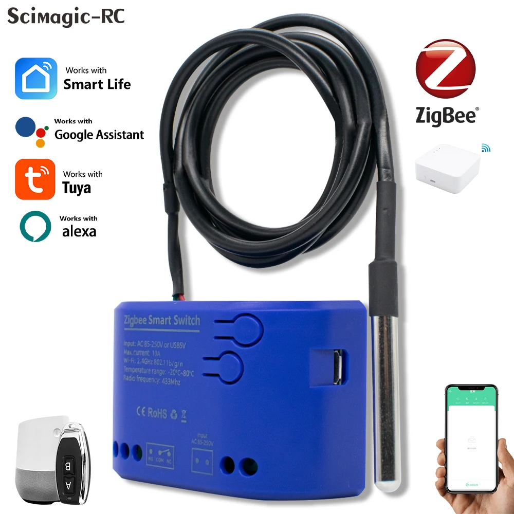 Zigbee 1 Gang Smart Switch with Temperature Sensor Passive Dry Contact Relay Match Tuya Smart Life APP Alexa Google Home