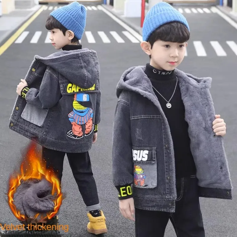 Boys Winter Jacket 5-15 Years Old Boy's Winter Fleece-Lined Warm Denim Jacket Fashionable Stylish Winter Boys Clothes Kids Coat