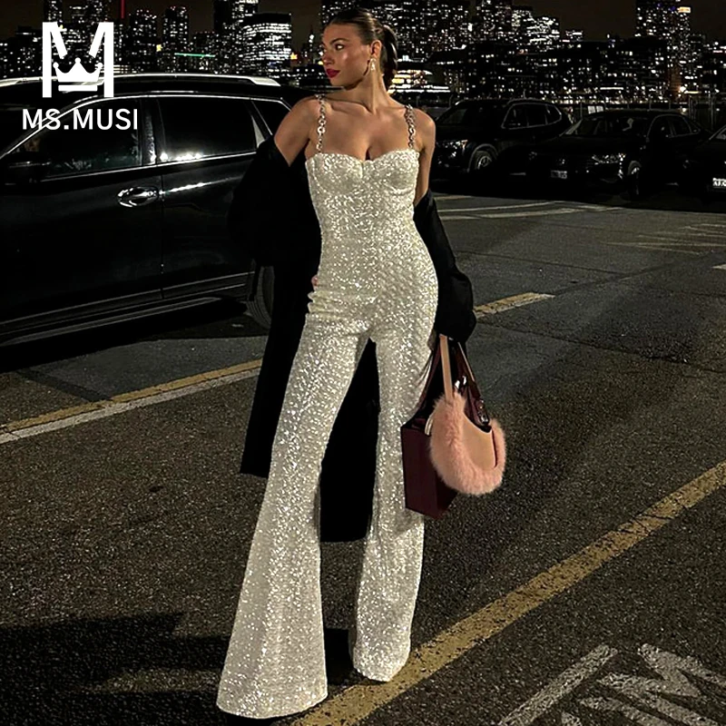 

MSMUSI 2024 New Fashion Women Sexy Strap Sequins Sleeveless Backless Bodycon Party Club Flare Pant Slim Lady Jumpsuit With Belt