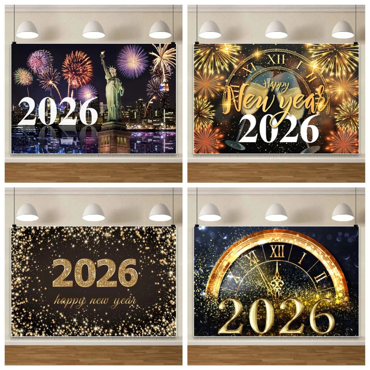 

2026 Happy New Year Backdrop Golden Balloons Wine Glasses Countdown Clock Home Party Decoration Background Poster Photo Props