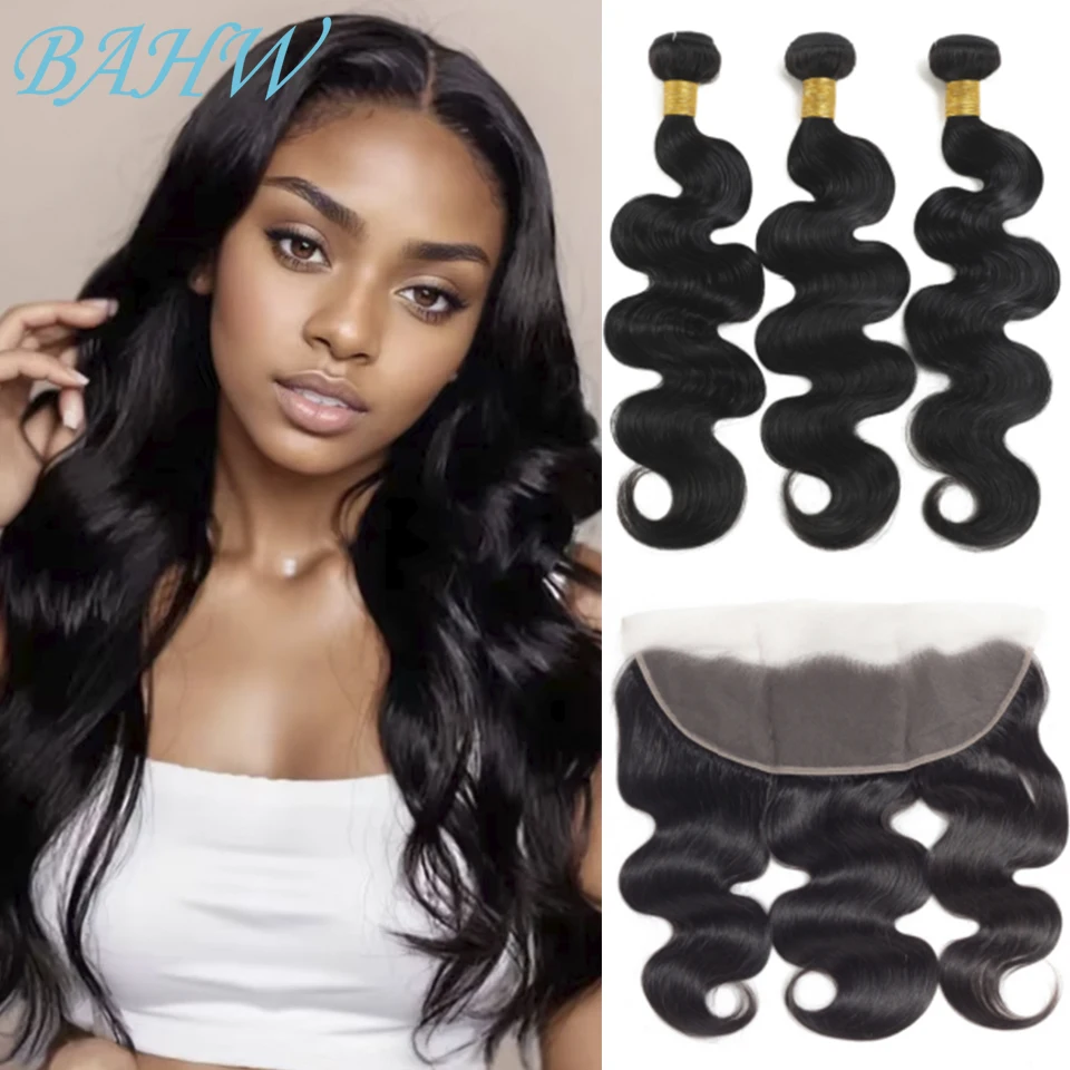 Bahw Hair Malaysia Body Wave Bundels Met Frontale 13X4 Body Wave Human Hair 3/4 Bundels Met 13X4 Transparant Lace Frontal