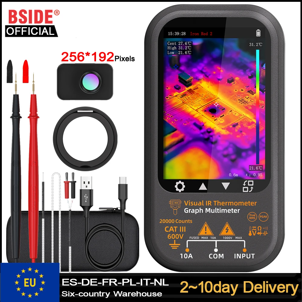 Multimètre thermique BSIDE, résolution IR 320x428 avec micro-lentille, mode d'enregistrement de la date avec écran tactile LCD rotatif à 360 degrés, 15 palettes thermiques, voltmètre 20000 points pour l'électricité, les circuits imprimés, le CVC et les disjoncteurs