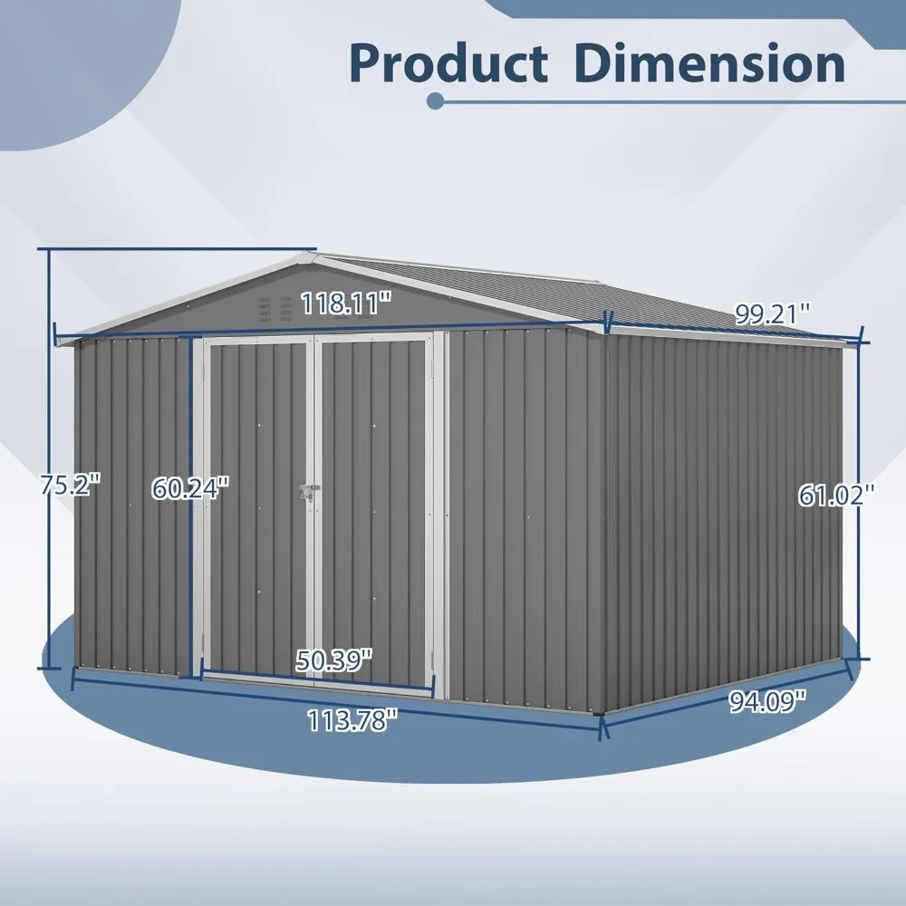 Outdoor Storage Shed, 10x 8FT Metal Anti-corrosion with Lockable Doors and Louvered Ventilation Openings, Waterproof Garden Shed