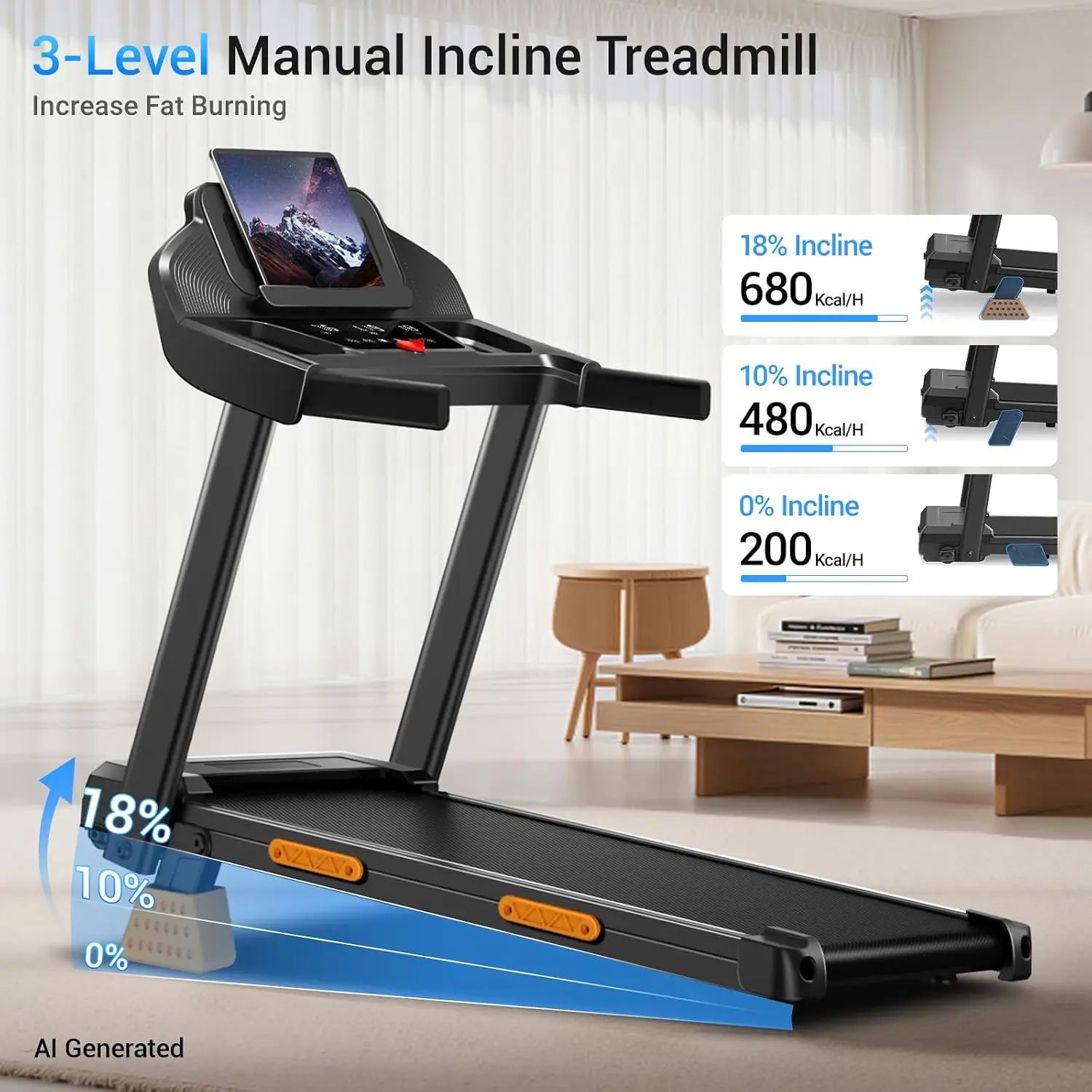 16% Incline Foldable Treadmill with 3 LED Displays, 3.0HP Walking Pad 400LBS 0.6-7.0MPH Portable Home Machine, Customized