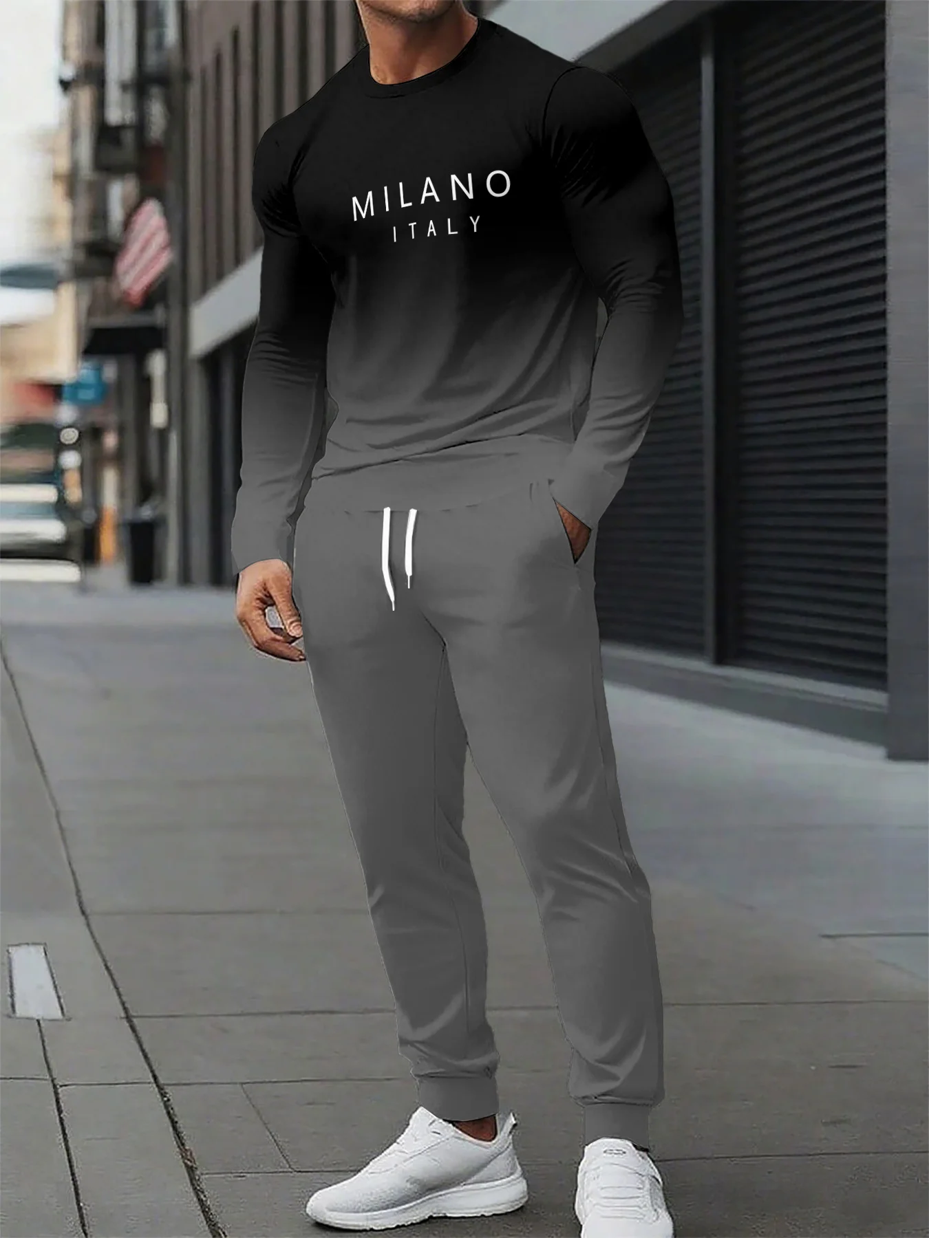 

Autumn and Winter Men Long Sleeved Sets Simple Milan Print Men Long Sleeved Tracksuit Quick Drying Men Tracksuit Two-piece Set