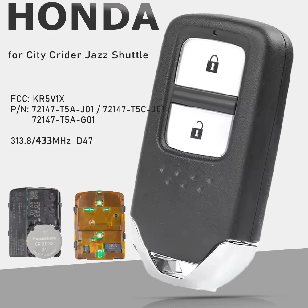 KEYECU Smart Remote Key Fob 2B 313.8MHz/433MHz ID47 for Honda City Crider Jazz Shuttle FCC: KR5V1X 72147-T5A-J01 / 72147-T5C-J01