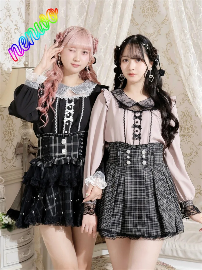 

Japanese Lolita New Mine Neck Bow Shirt Blouse Niche Design Lace Doll Collar Long Sleeve Shirts Spring New Blouse Tops Girls