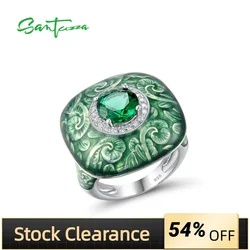 SANTUZZA Pure 925 Sterling Silver Rings For Women Sparkling Green Glass White CZ Square Ring Edgy Fine Jewelry Handmade Enamel