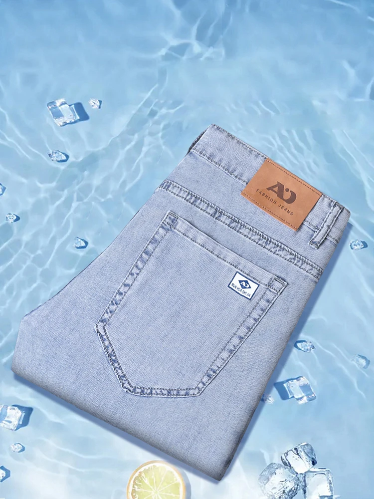 Lyocell Summer Ice Feel Thin Jeans Men Soft Breathable Casual Loose Straight Leg Light Blue Trousers Daily Business Denim Pants