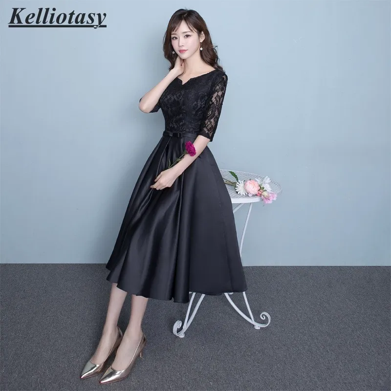 Kelliotasy Tea Length Bridesmaid Dresses Black Aline Bridesmaid Gown With Half Sleeves Ladies Party Dress