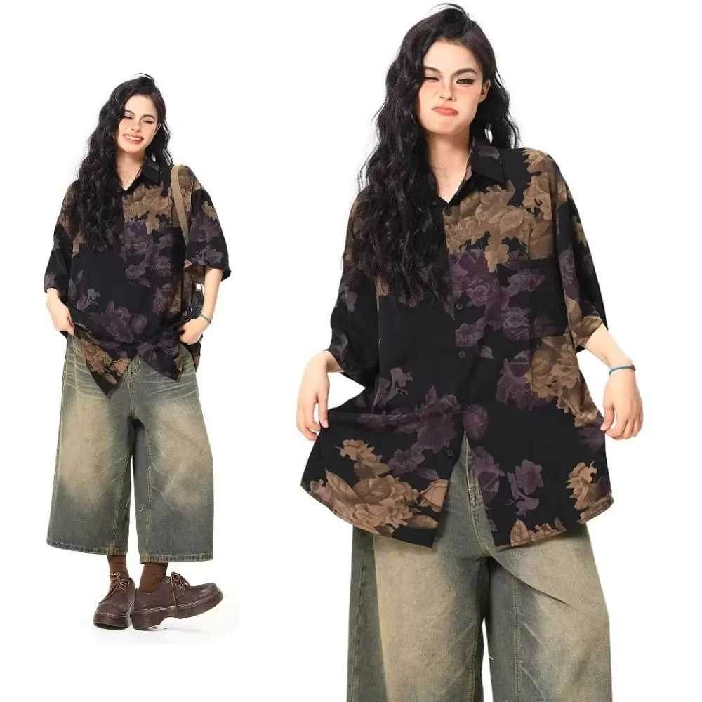 

Korean Style Loose Beachwear Shirts Men V-neck Lapel Women Flower Blouse Button Up Retro Short Sleeve Shirts Summer