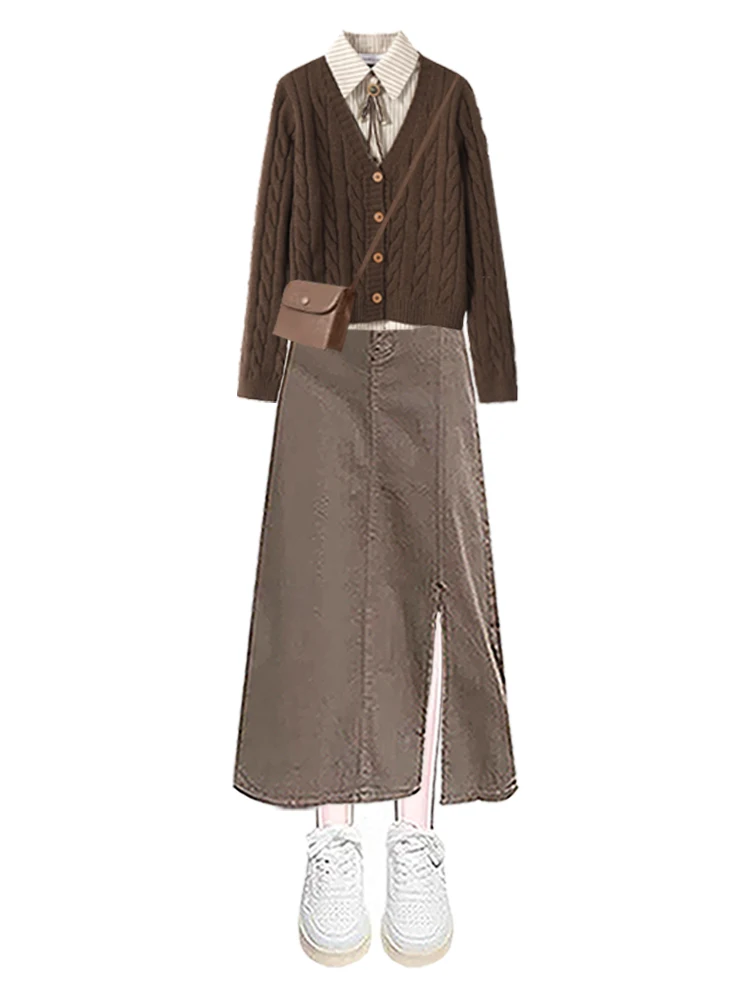 Herfst College Sle Retro Faion gebreide damessweater en afslankrok Set Lange Sve-kraag met knopen, normale pasvorm