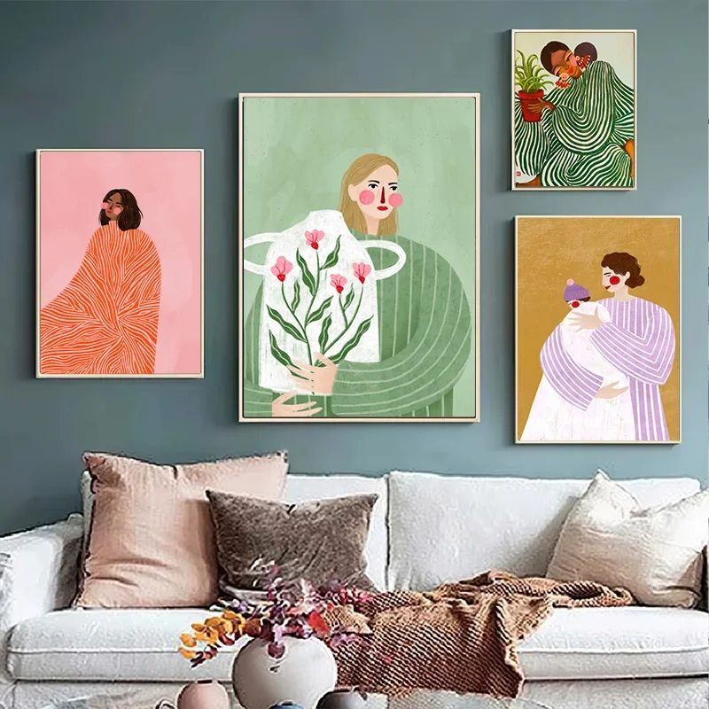 الانطباع شخصية المشارك فستان مخطط المرأة احتضان النبات حائط لوح رسم الفن الديكور مناسبة لغرفة نوم الحديقة