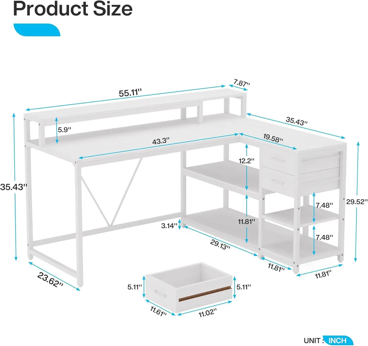 L Shaped Desk with Drawers & Shelves, Home Office Corner Computer Desk with Monitor Stand, 55