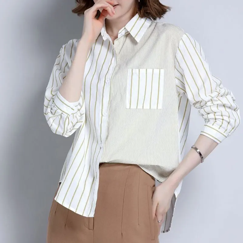 Women New Style Fashion Simplicity Striped Polo Collar Long Sleeve Shirts Women Clothes All-match Casual Loose Temperament Tops