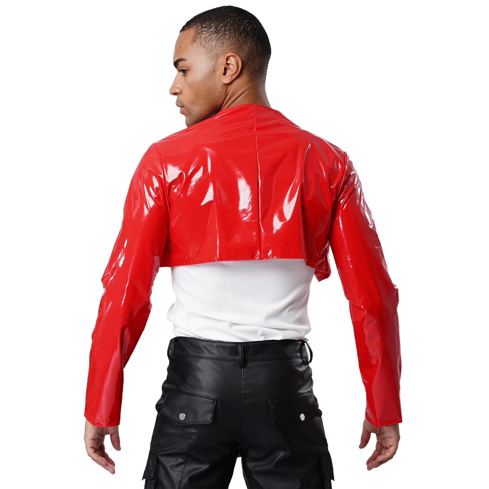 

Men PU Leather Jackets Coast Long Sleeve Mini Unlined Motor Biker Singer Musical Performance Jackets for Party Disco Dance Coats