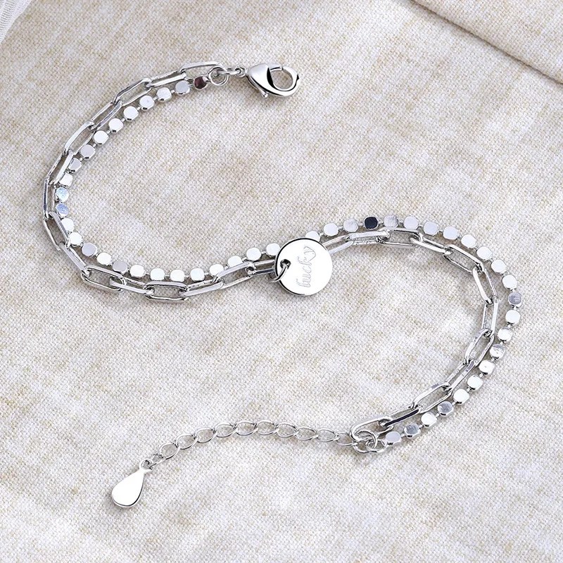 925 Sterling Silver Lucky Round Brand Bracelets for Women Simple Double-layer Chain Bracelet Fashion Jewelry Gifts