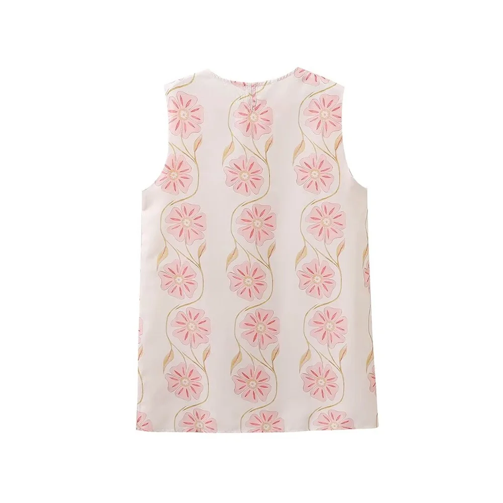 Zach Ailsa Autumn New Women's Fashion Style Slimming Round Neck Sleeveless Flower Printed Shorts Dress