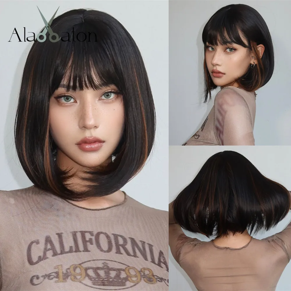 

ALAN EATON Black Bob Wigs with Highlights Mixed Color Wig Synthetic Wig with Bangs Natural Looking Women Hair Heat Resistant Wig