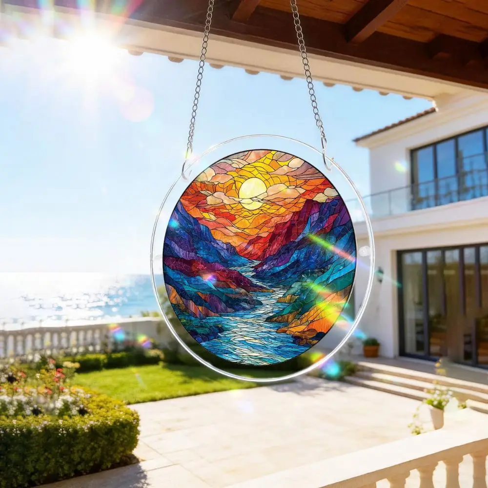 1 Piece of Sunset Valley Stained Glass Sun Catcher Window Hanging Decoration, Acrylic Landscape Sun Catcher Ornament, Colorful Mountain and River Window Decoration, Home Garden Wall Decoration, Gift for Nature Enthusiasts
