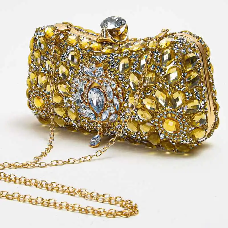 New Luxury Gold Bow Crystal Clutches Square Rhinestone Evening Bag Party Prom Handbags Luxury Women Wedding Bridal Purses