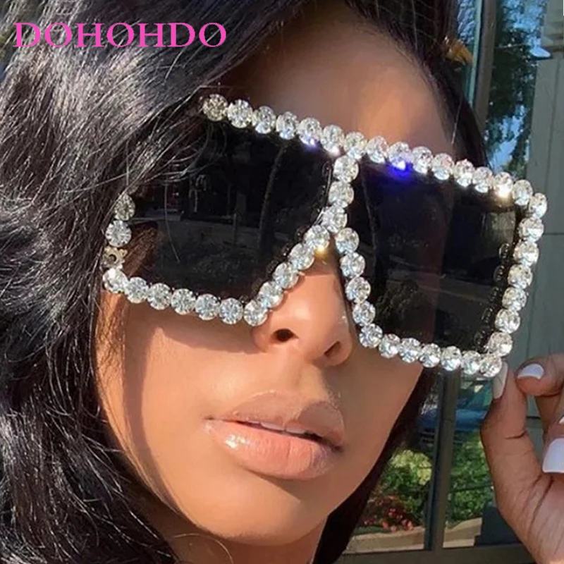Fashion Big Frame Square One Piece Imitation Diamond Sunglasses Men Women Trend Luxury Brand Street Shooting Sunglasses UV400